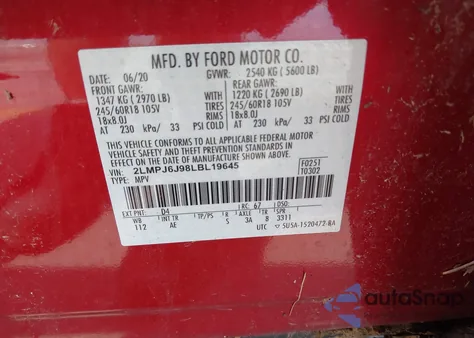 2020 Lincoln Nautilus Standard z USA, uszkodzony, nr VIN 2LMPJ6J98LBL19645